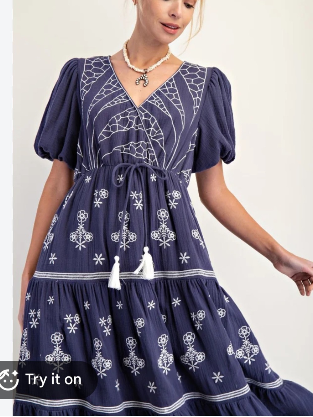 Easel NWT Navy Embroidered V-Neck Tiered Midi Dress size L